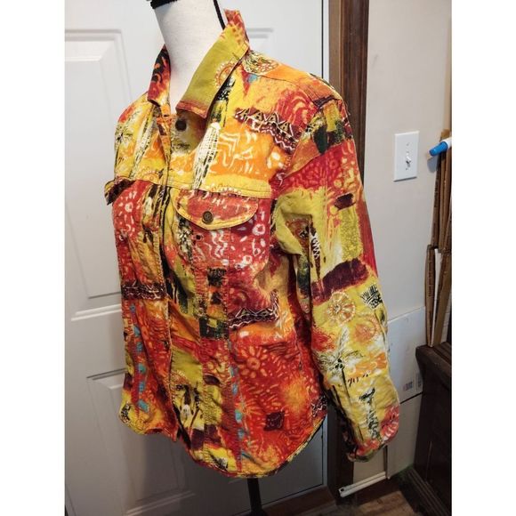 Chicos Button Front Shirt Orange & Yellow Great‎ With Denim - Picture 2 of 6